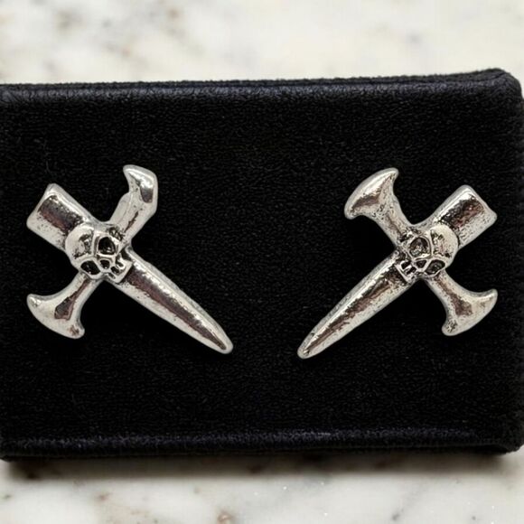 Gothic Sword Cross Skull Stud Earrings Dagger Medieval Gothic Silver Pierced Ear - Picture 3 of 6